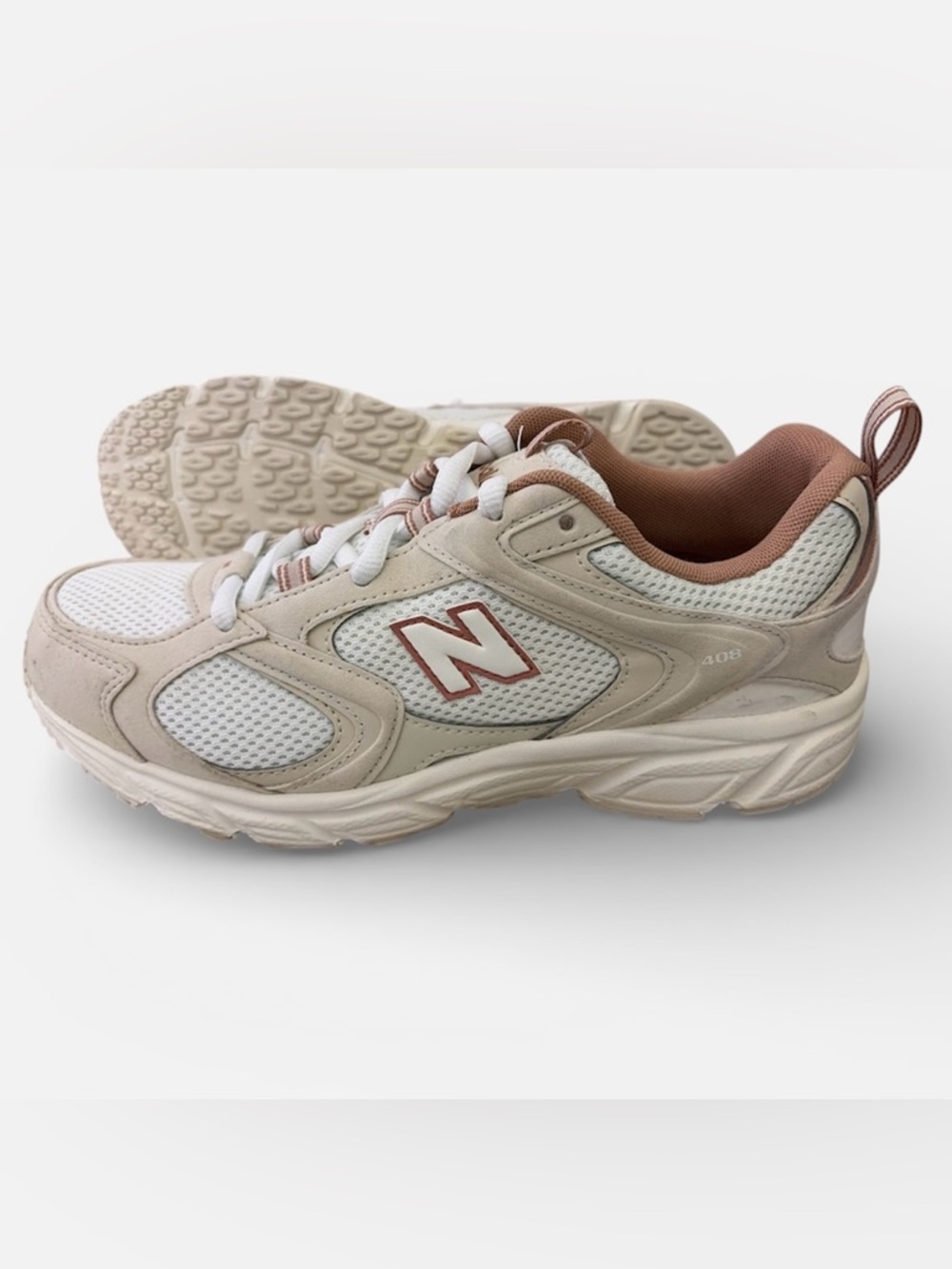 New Balance Women’s 408 Sneakers in White and Beige with Rust Accent